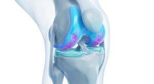 무릎 관절의 해부학적 구조와 연골 마모의 개념적 3D 일러스트